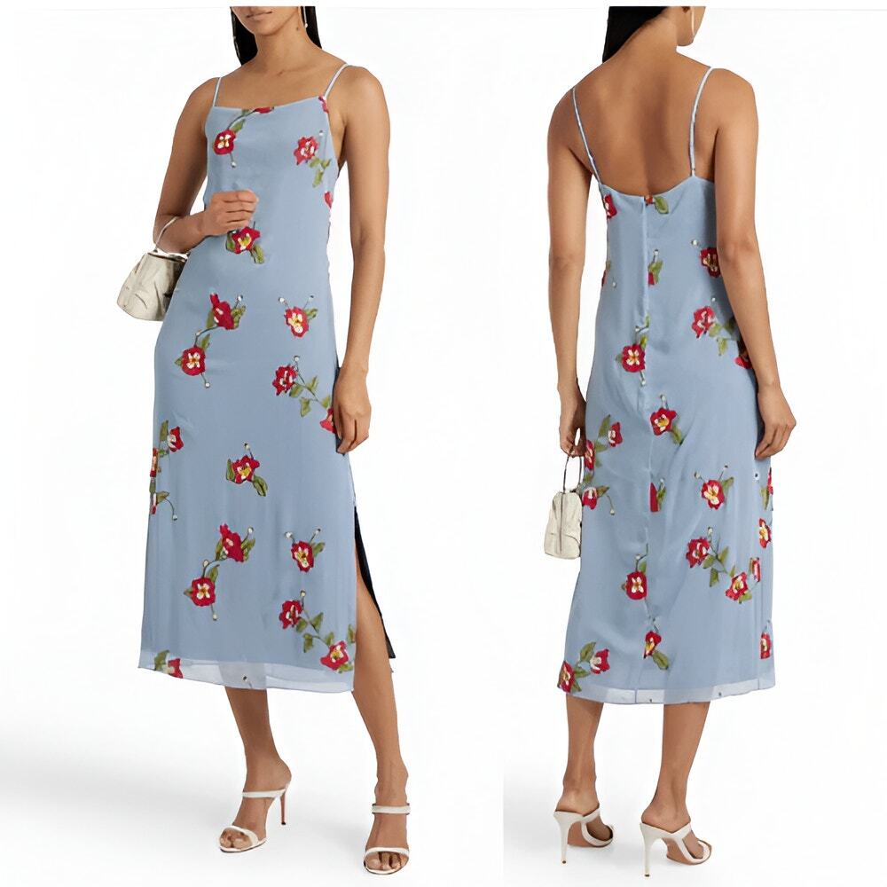 Rag & Bone Joelene Crepon Embroidered Floral Slip Dress Light Blue Size 8
